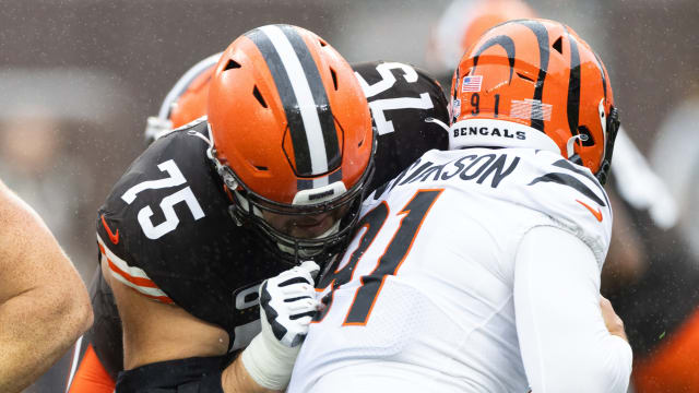 Sep 10, 2023; Cleveland, Ohio, USA; Cleveland Browns guard Joel Bitonio (75) blocks Cincinnati Bengals defensive end Trey Hendrickson (91) during the first quarter at Cleveland Browns Stadium. Mandatory Credit: Scott Galvin-USA TODAY Sports